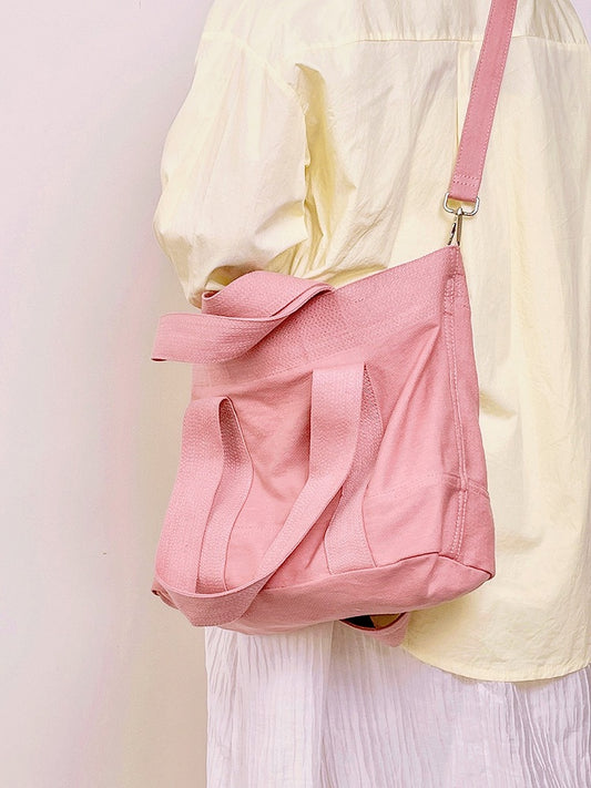 Small-Sized Chic Pink Double-Handle Canvas Tote Bag with Ruffle Accents