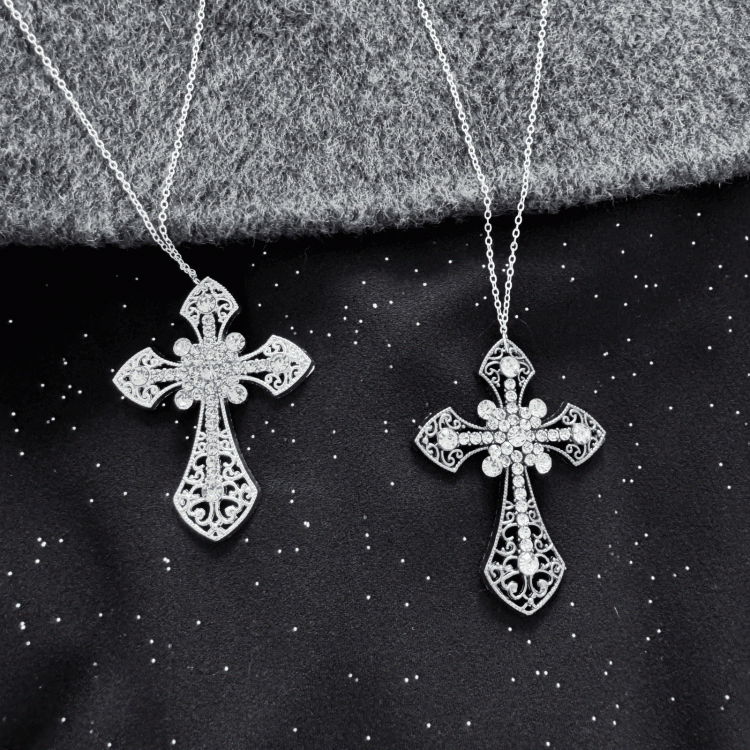 Silver/Ancient Silver Rhinestone Embellished Cross Necklace