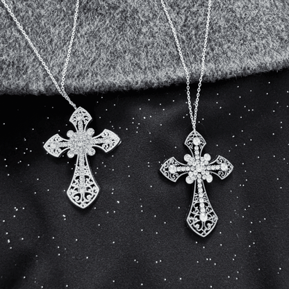 Silver/Ancient Silver Rhinestone Embellished Cross Necklace