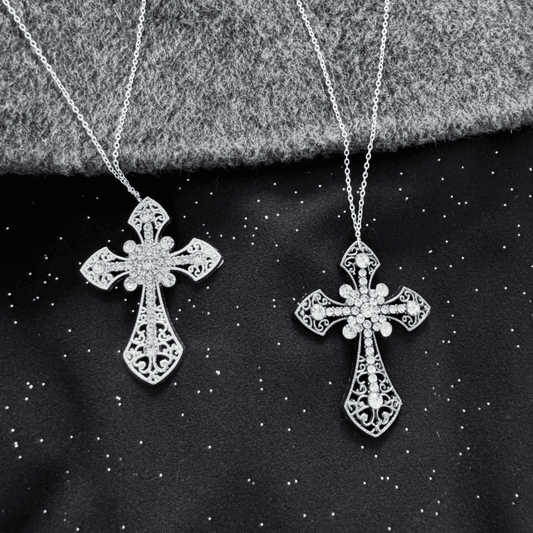 Silver/Ancient Silver Rhinestone Embellished Cross Necklace