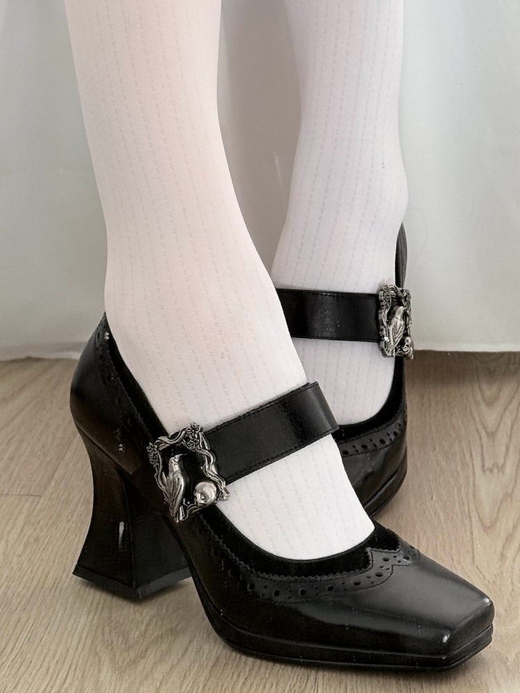 Black Gothic Crow And Skeleton Decorated Photo Frame Accent Square Toe High Heels