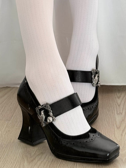 Black Gothic Crow And Skeleton Decorated Photo Frame Accent Square Toe High Heels