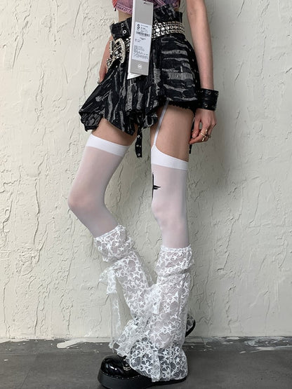 White Y2K Bittersweet Star Pattern Self-tie Strap Leg Sleeves