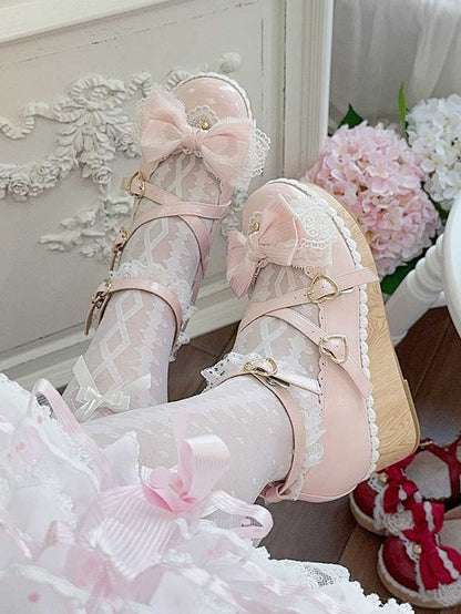 Pink Bow at Top Crisscross Design Heart Buckles Lace Trim Platforms