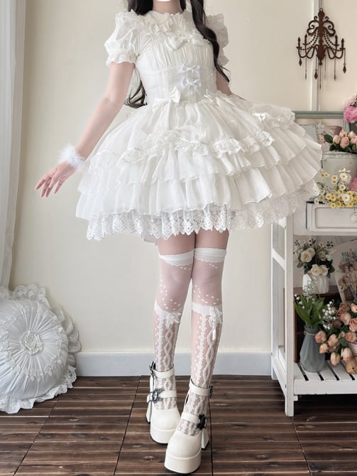 White Drawstring Overlay Tiered Skirt Princess Lolita Shiro Dress