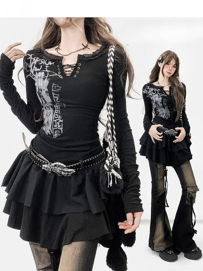 Black Y2K Print Design Dress