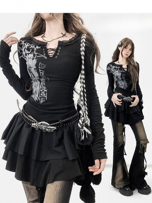 Black Y2K Print Design Dress