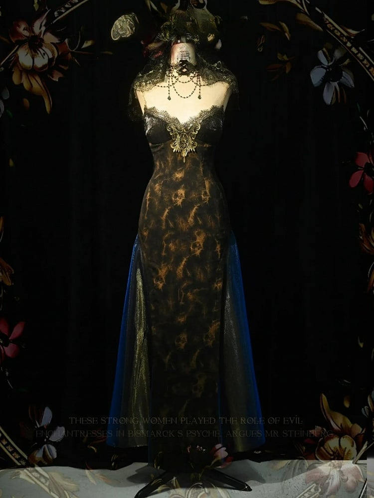 Black and Gold V-neck Slimming Slip Dress