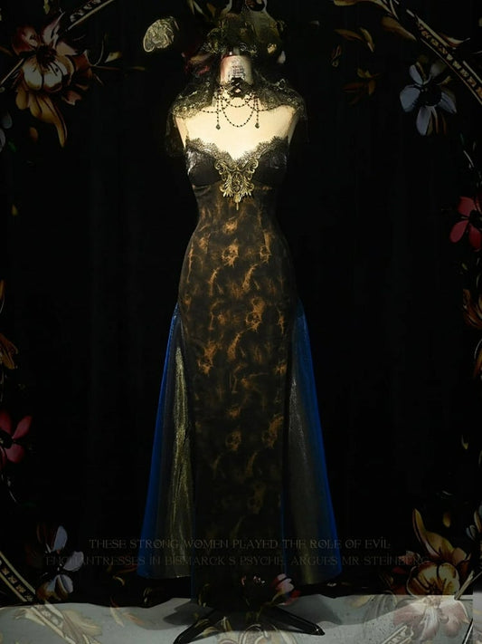 Black and Gold V-neck Slimming Slip Dress