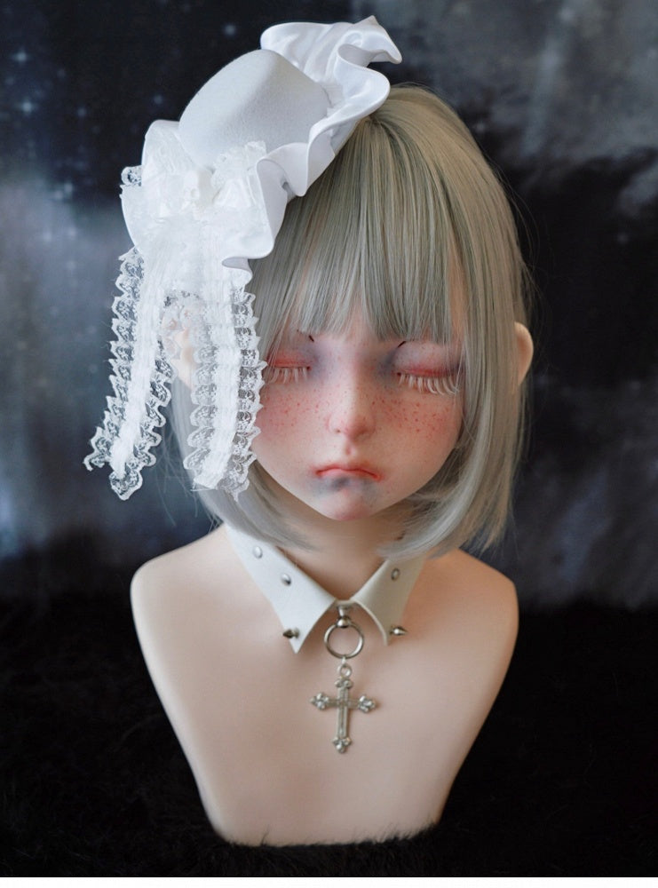 White Gothic Skeleton Lace Bow Ruffle Hem Hat Hairclip