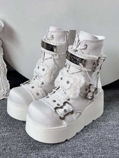 Buckle Straps Plush Bone Decorated Denim White Punk Platform Boots