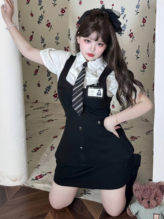 Plus Size White Puff Sleeves Shirt / Black Preppy Waistcoat