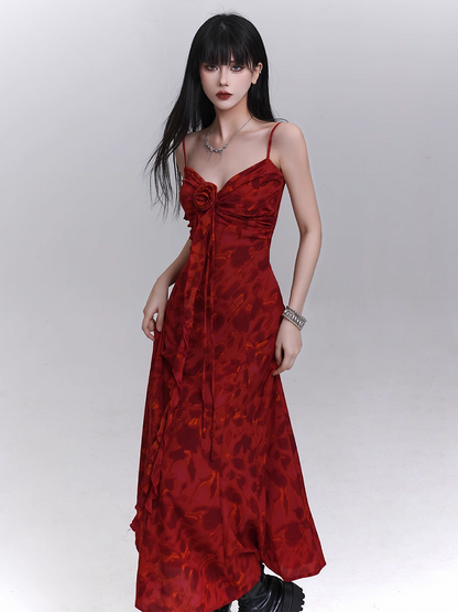 Red Sweetheart Neckline Cascading Ruffle Floral Cami Dress