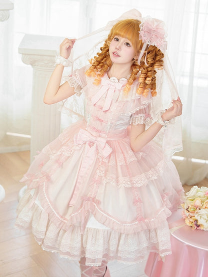 Pink Scalloped Edge Trim Overlay Skirt Princess Lolita Dress with Detachable Sleeves