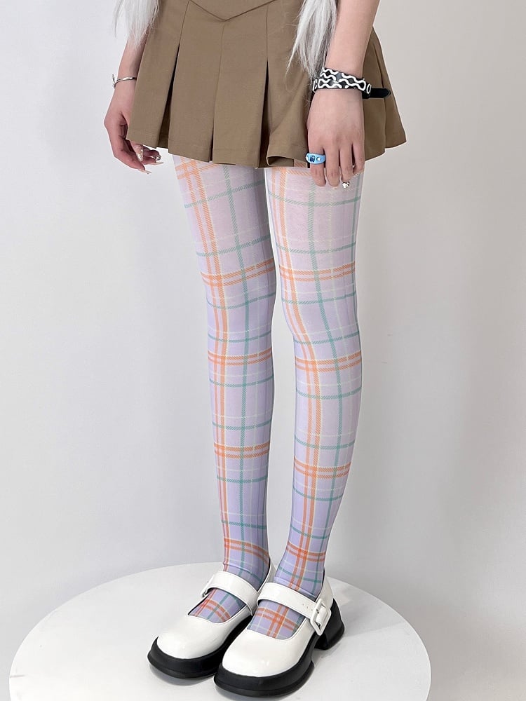 White&Green/Purple Y2K Plaid Tights