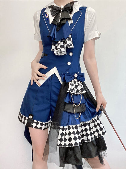 Dark Blue Prince Ouji Lolita Outfit- Foldover Collar Waistcoat+ Shorts+ Train+ Jabot Tie Full Set
