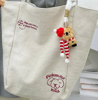 2 Options Koala Embroidery Beige Open Top Shoulder Bag