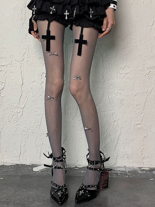 Gyaru Fashion Bowknot Details Fishnet Design 5 Color Y2K Tights