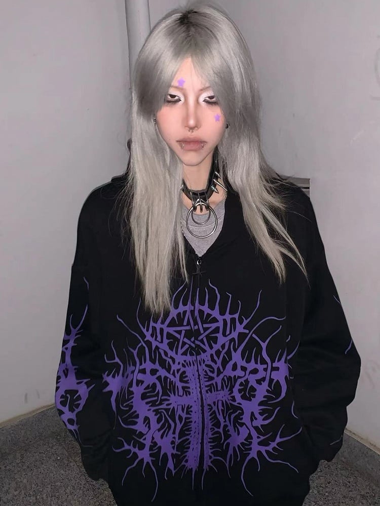 Black and Purple Emo Punk Graphic Zip Hoodie