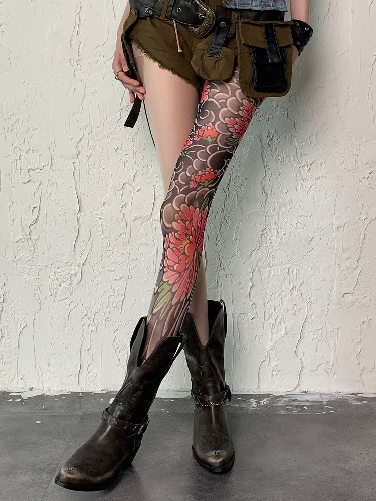 Nude Y2K Asymmetrical Design Floral Tattoo Print Tights