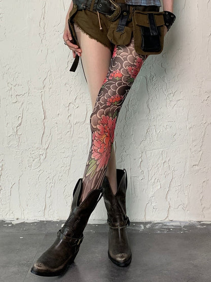 Nude Y2K Asymmetrical Design Floral Tattoo Print Tights