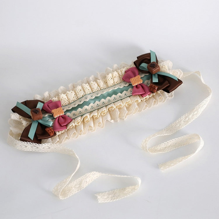 Beige Sweet Lolita Cookie Decorated Bowknot Details Ruffled Hairband