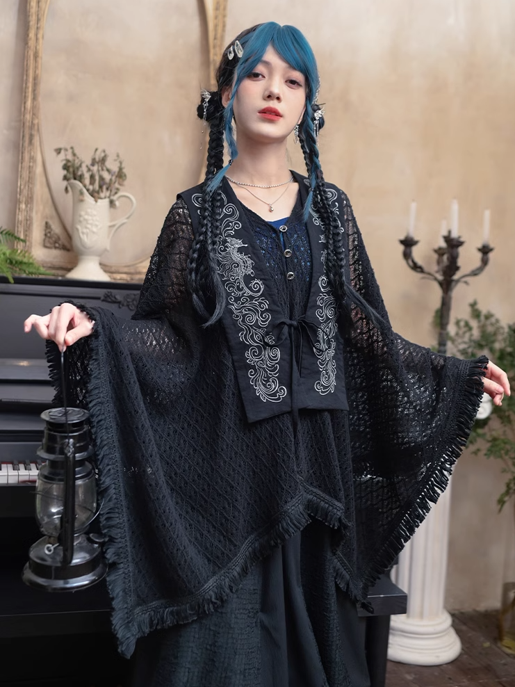 Tassel Hem Black Cheongsam Style Hollow-out Cape Cardigan with Detachable Seahorse and Coral Embroidery Collar