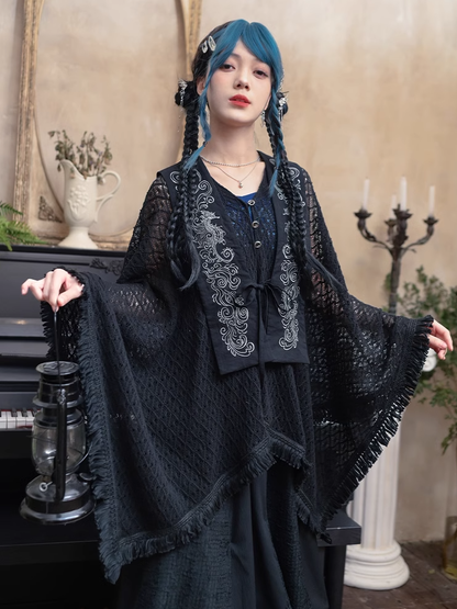 Tassel Hem Black Cheongsam Style Hollow-out Cape Cardigan with Detachable Seahorse and Coral Embroidery Collar