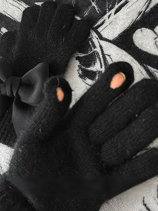 Black Gothic Bowknot Cutout Details at Finger Pads Gloves