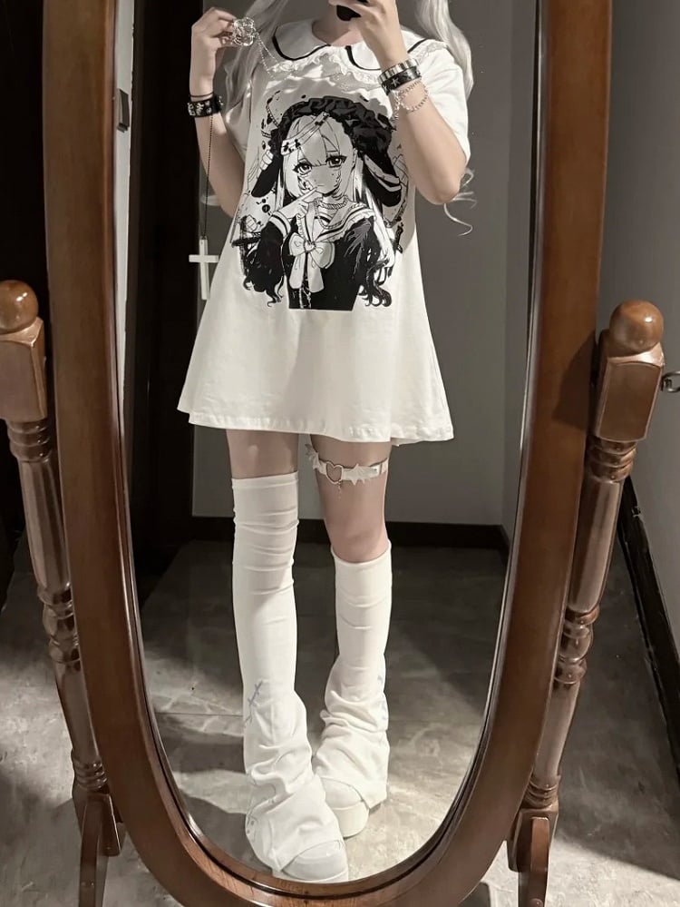 Anime Girl Print Peter Pan Collar White Jirai Kei T-shirt