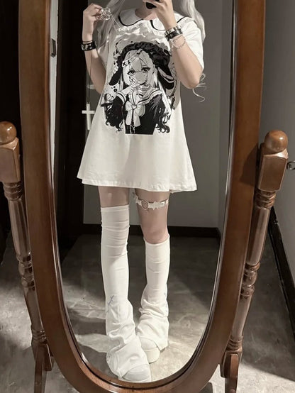 Anime Girl Print Peter Pan Collar White Jirai Kei T-shirt
