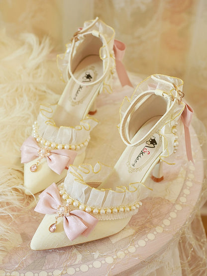 Beige Bow Accent Bead Decorated Pointed Toe Hime Lolita 5CM/8CM Heels