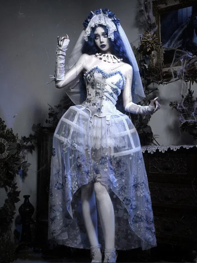 Corpse Bride White High-low Tulle Skirt with Delicate Blue Black Floral Embroidery