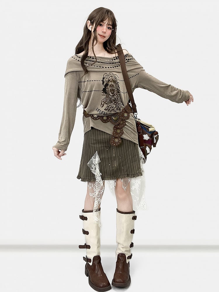 Army Green Millard Fashion Striped Pattern Contrast Lace Patches Cascading Ruffle Accents Skirt