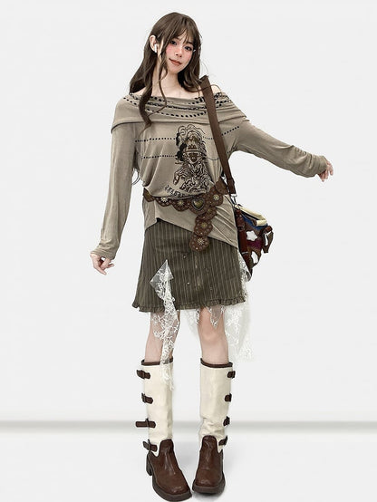 Army Green Millard Fashion Striped Pattern Contrast Lace Patches Cascading Ruffle Accents Skirt