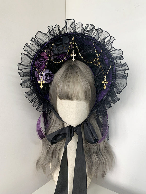 Gothic Cross Chains Floral Design Black and Purple Gorgeous Elegant Bonnet