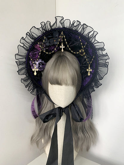 Gothic Cross Chains Floral Design Black and Purple Gorgeous Elegant Bonnet