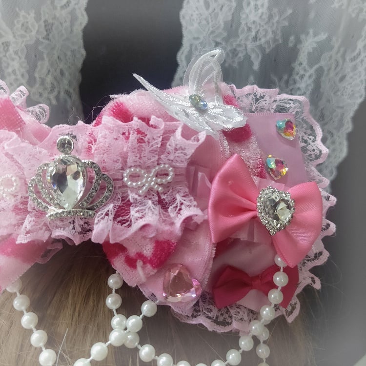 Pink Leopard Pattern Floral Design Beaded Charm Rhinestone Decorated Lace Trim Bowknot Hairclip