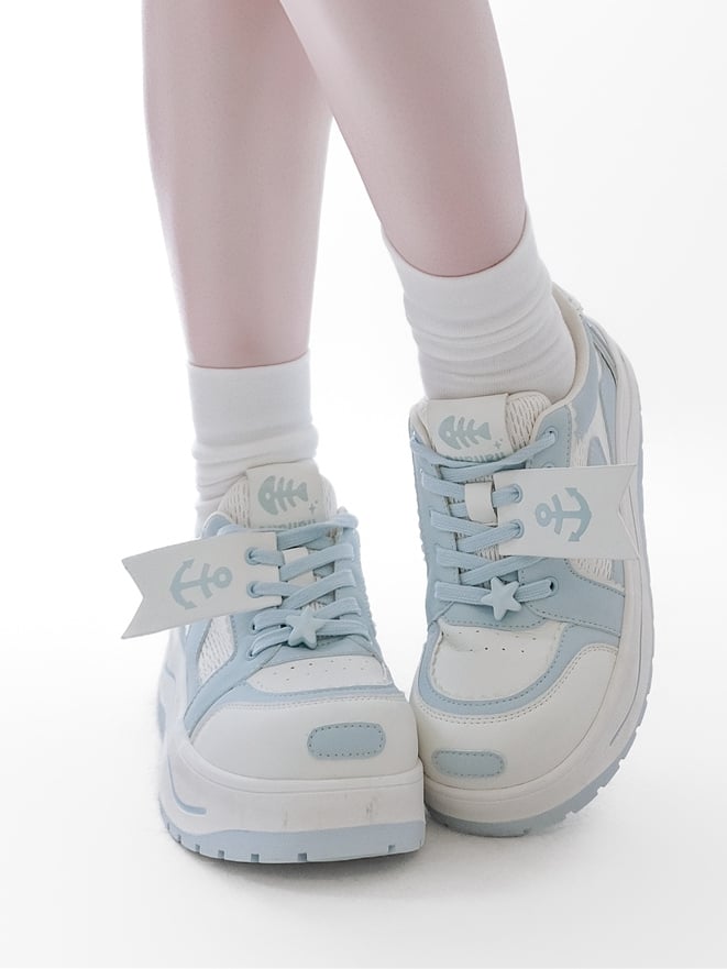 Light Blue Tenshi Kaiwai Anchor And Fish Bone Decorated Front Lace-up Ties Platform Sneakers