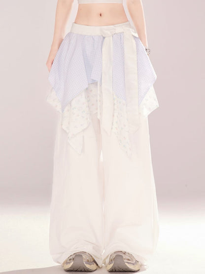 White Low Waist Handkerchief Hem Wide-leg Pants Faux Two-pieces