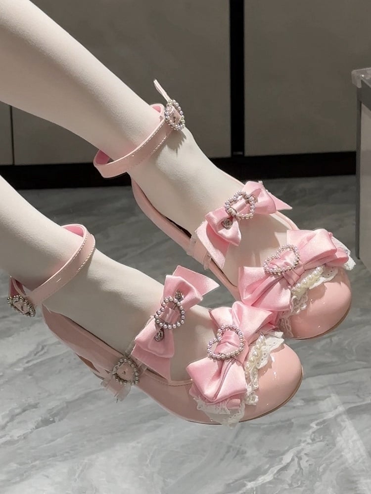 Pink Bow at Top Heart Cut-out Heels Mary Janes