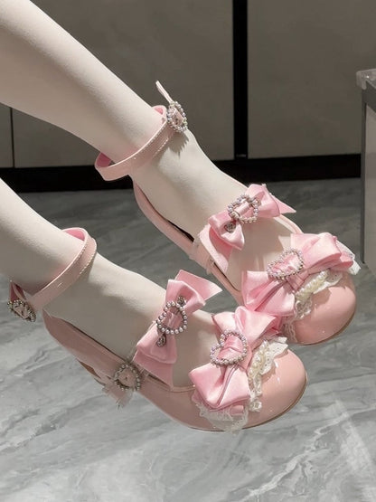 Pink Bow at Top Heart Cut-out Heels Mary Janes