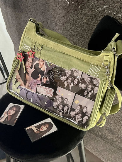 Green Denim Unisex Large Capacity Ita Bag with Adjustable Strap