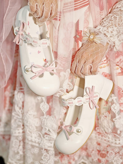 White Beaded Decorated Knotted Bow at Top Round Toe Lolita Shoes
