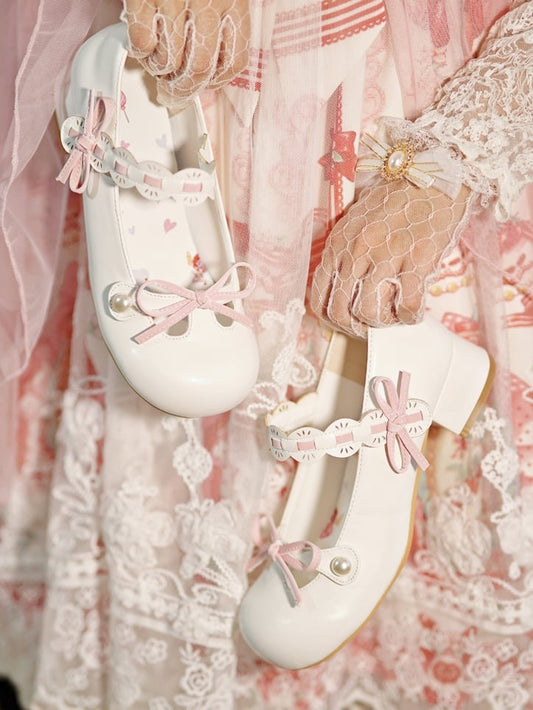White Beaded Decorated Knotted Bow at Top Round Toe Lolita Shoes