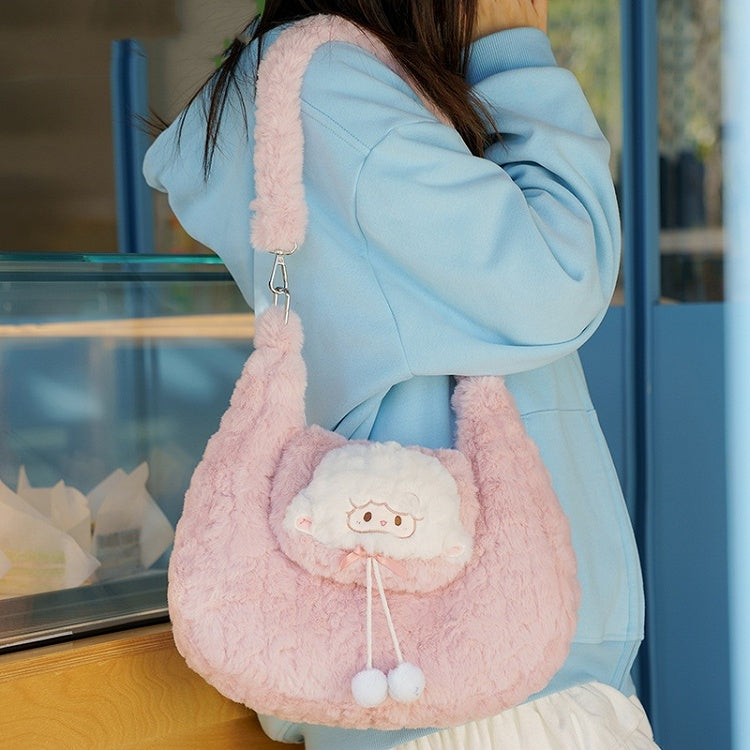 Pink Cute Little Lamb Plush Shoulder Bag With Pompons