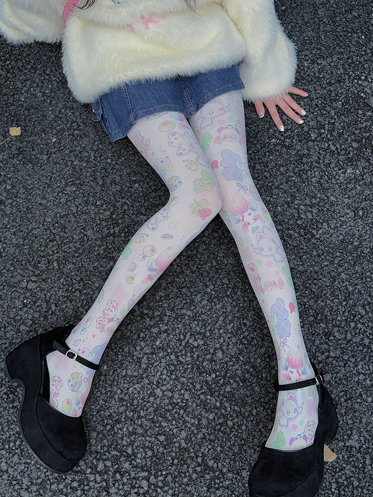 White Sweet Goldfish Print Cartoon Tights