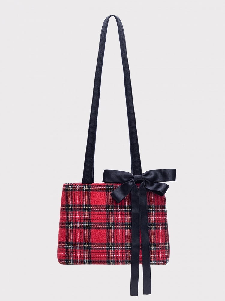 Chic Red Plaid One-Shoulder Mini Tote With Detachable Black Bow
