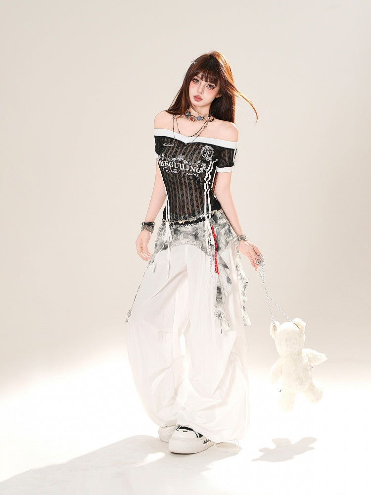 White Elastic Waist Wide-leg Casual Pants with Cascading Ruffles Waist Accessory