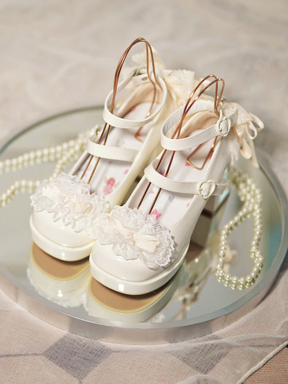 White Knotted Bow at Top Lace Trim Heart Buckles High Block Heels
